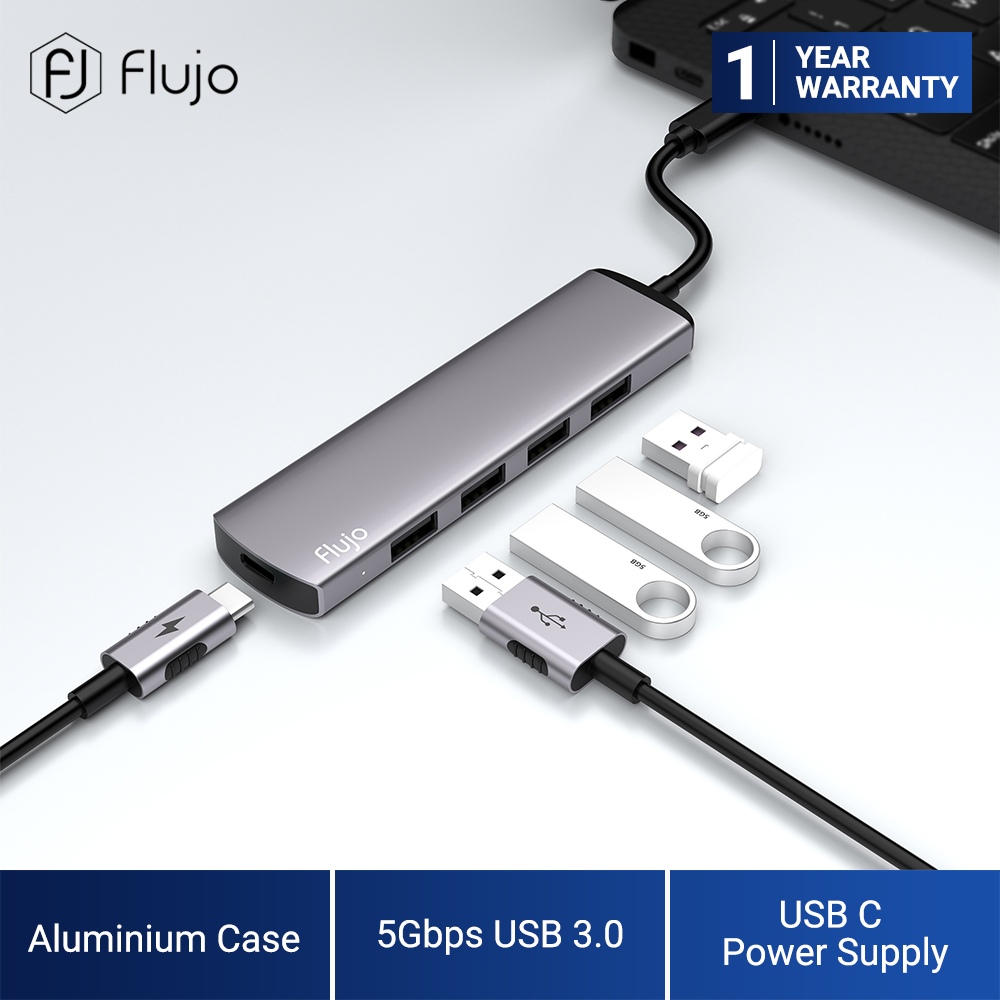 Flujo 4-Port USB C to USB 3.0 Hub Compatible With iPad Pro 2020, Samsung Galaxy S20+S10+, Huawei P50, Ultra Slim High-Speed USB Splitter Portable Data Hub USB C Power Compatible With MacBook, Mac Pro/